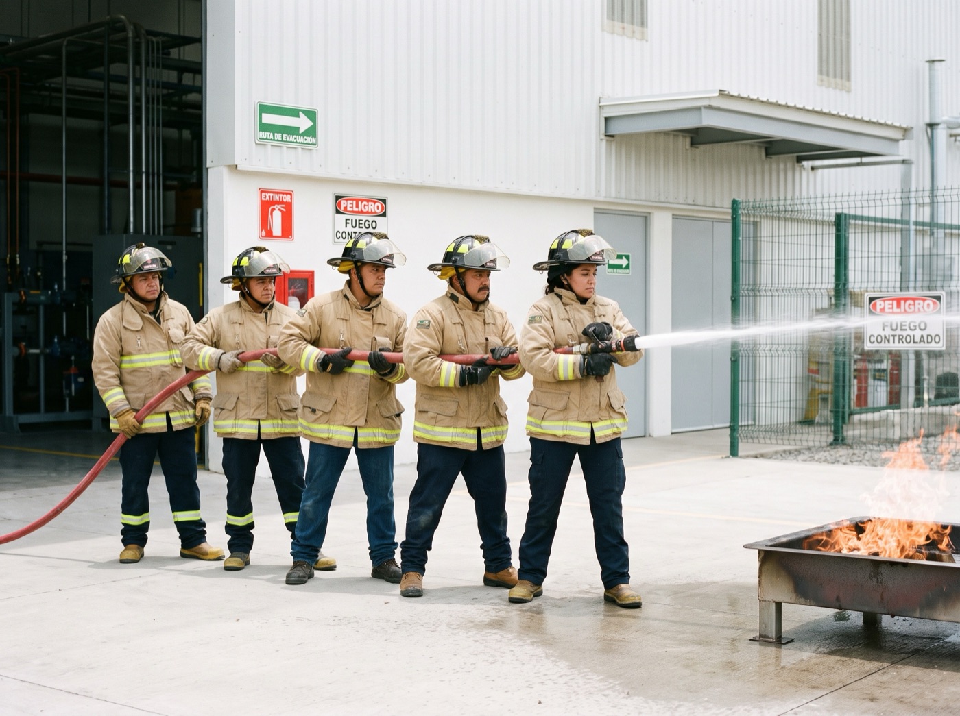 Brigadistas equipados durante una práctica de emergencia