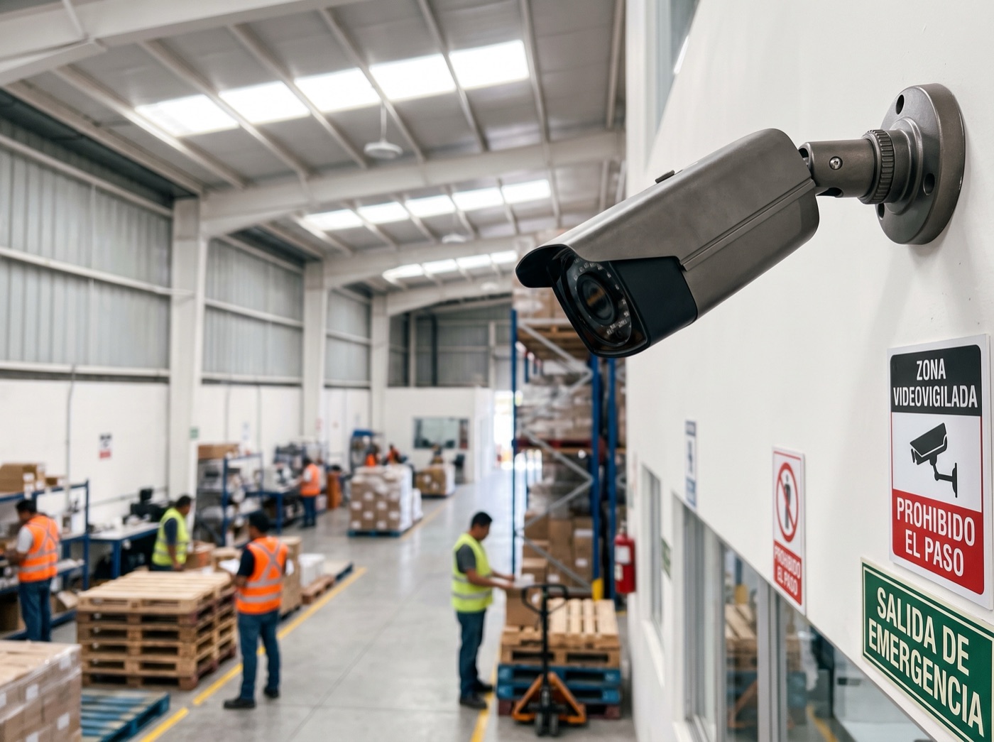 Cámara de videovigilancia CCTV instalada en una bodega