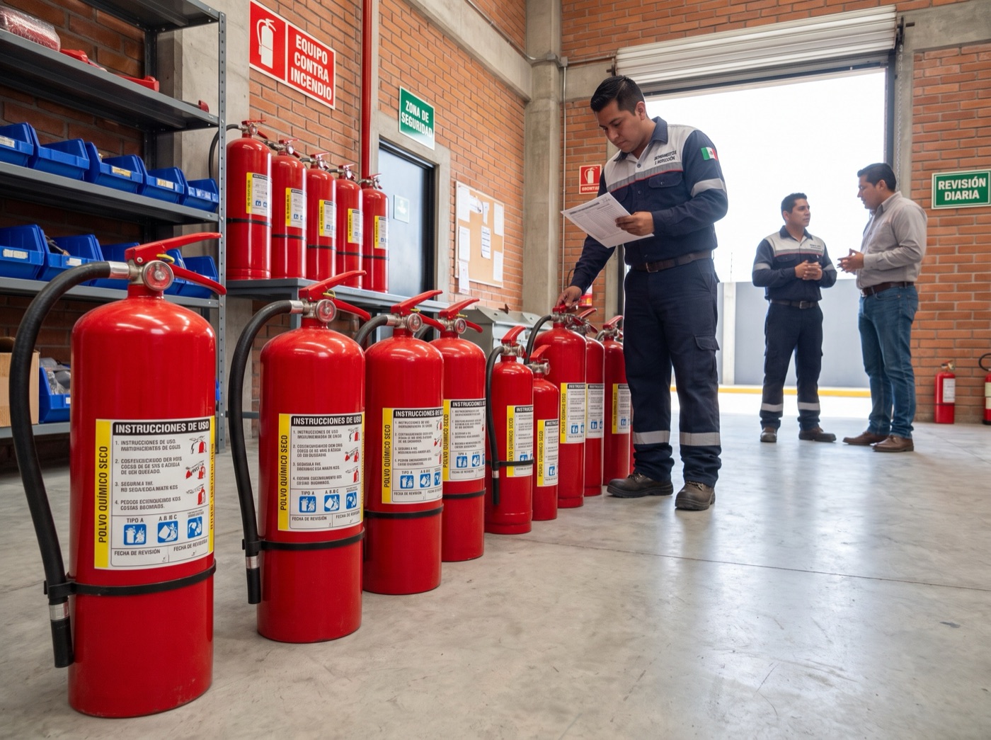 Extintores de diferentes tipos en área técnica de Industrias RYMEX