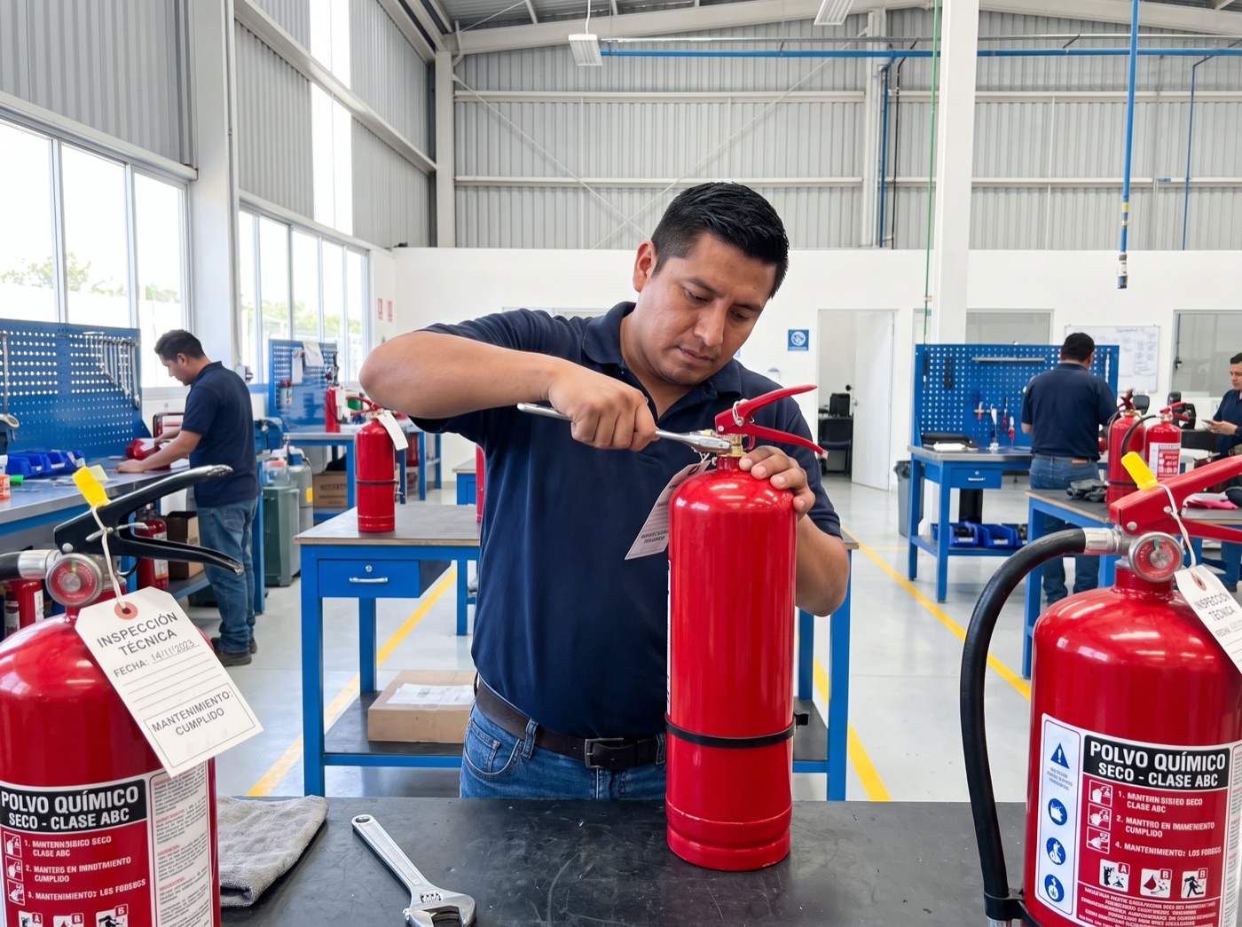 Técnico dando mantenimiento a un extintor en el taller de Industrias RYMEX