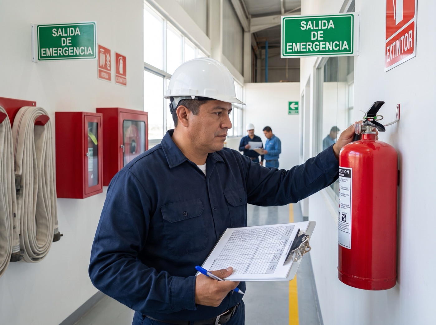 Técnico de Industrias RYMEX inspeccionando un extintor en una empresa