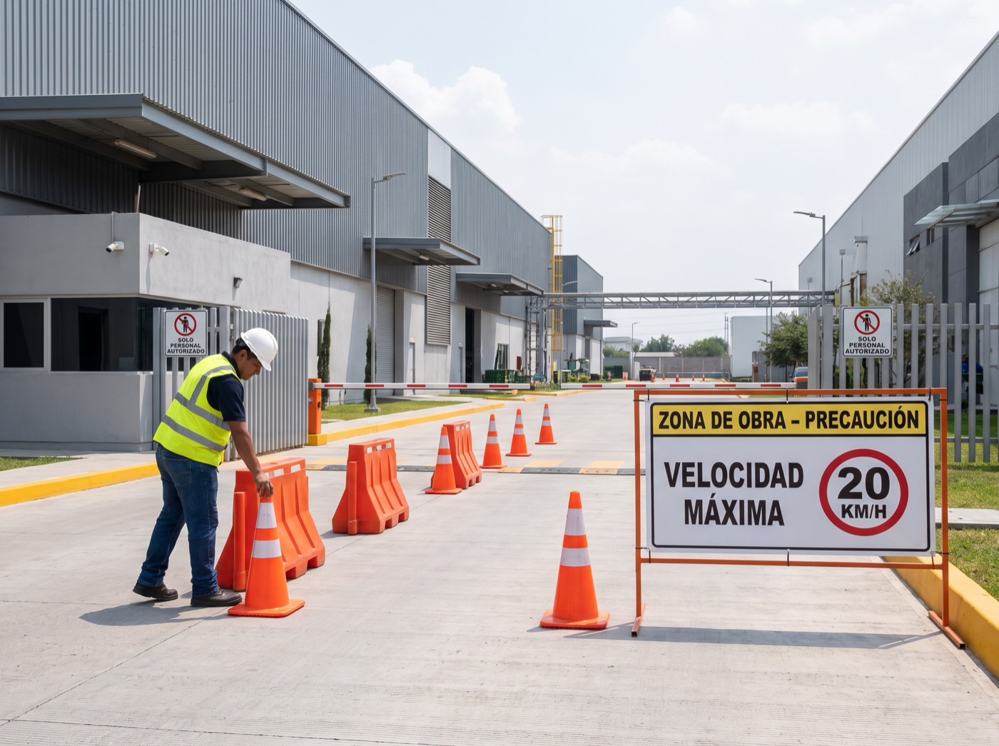 Colocación de conos y señalización vial en acceso de planta industrial