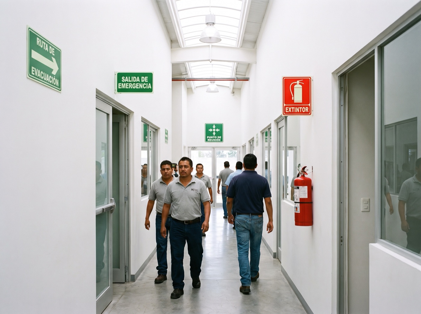 Señalización de rutas de evacuación y equipos de emergencia instalada en una nave industrial